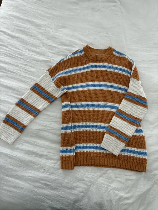 American Eagle Outfitters Brown, White & Blue Striped Waffle Crewneck Sweater - Image 3