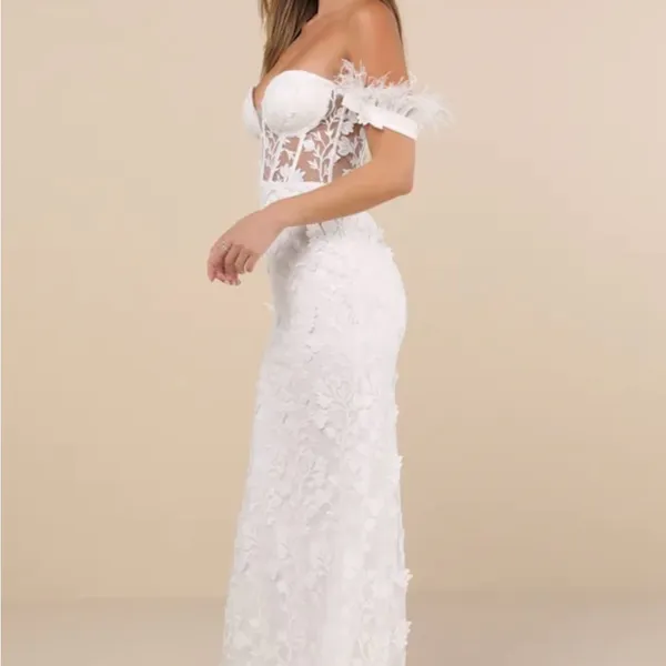 Lulu's Off-Shoulder White Floral Wedding Gown - Image 3