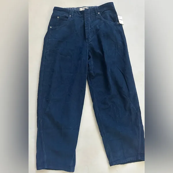 Free People Martha Mid Rise Cord Barrel Jeans - Navy Blue - Image 5
