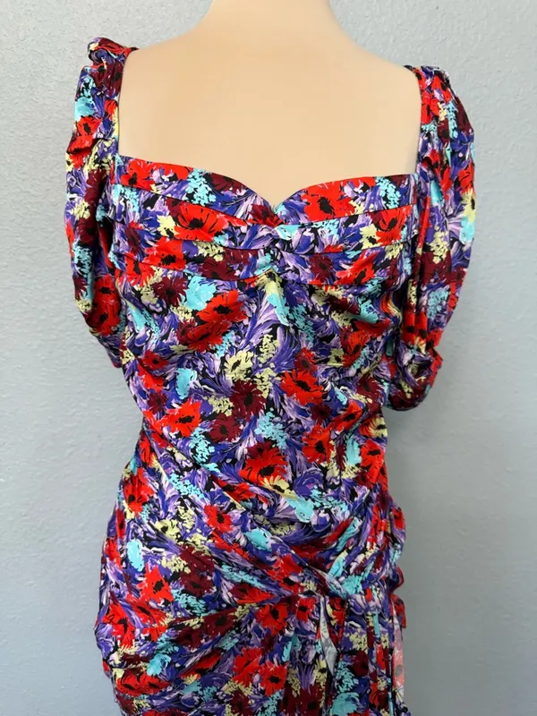 For Love & Lemons Chiara Purple Floral Ruched Puff Sleeve Mini Dress Size Medium - Image 4