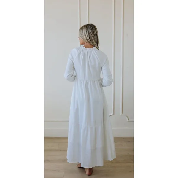 Fehrnvi Apparel White‎ Floral Jacquard Tiered Maxi Dress Long Sleeve Tie Neck M - Image 2