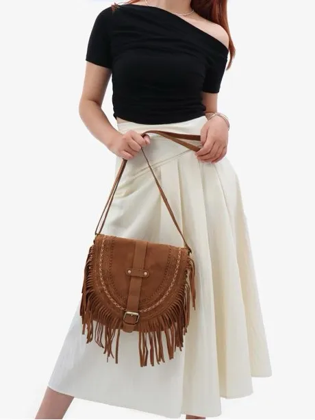 Boho Fringe Faux Suede Crossbody Bag Western Shoulder Purse Tassel Saddle Bag - Image 12