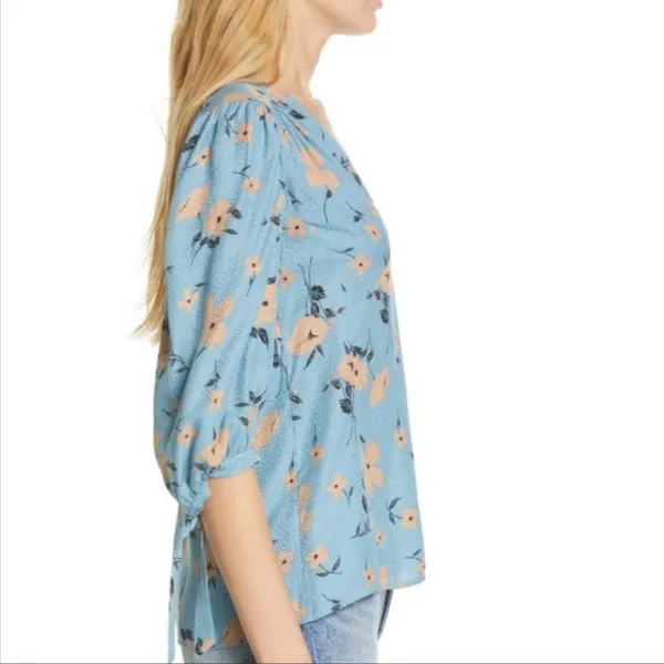 Rebecca Taylor Daniella Floral Blouse Dot Pattern Blue V-Neck Top Tie Cuff Women - Image 3