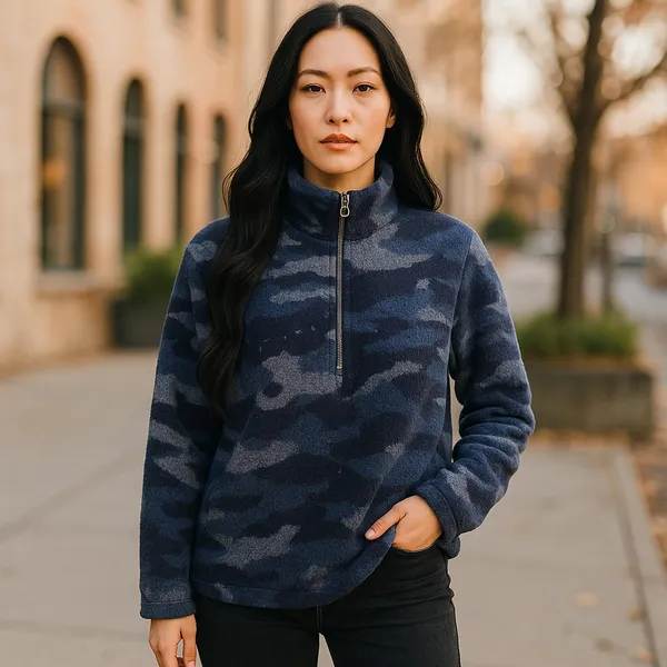 Como Womens Juniors Pullover‎ Sz Small Blue Fleece Sherpa Teddy Camo Quarter Zip - Image 2