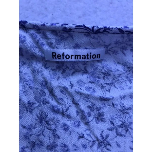Reformation Blouse Women Small Blue Floral Tie Neck Long Sleeve Peasant Top - Image 2