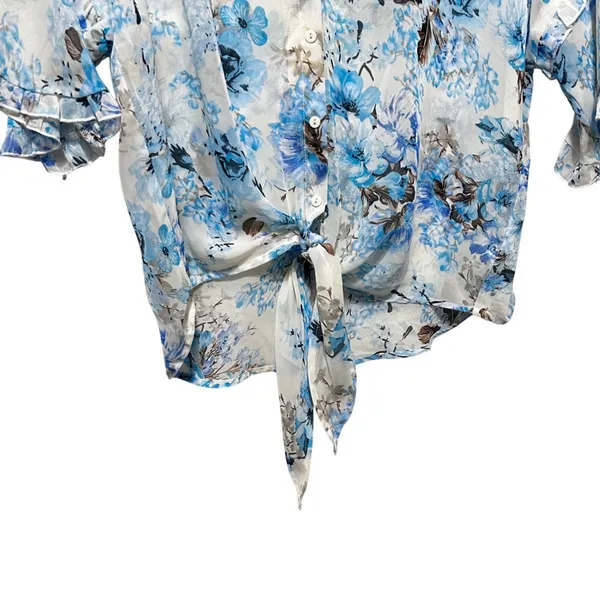 Umgee Women Top‎ S Blue Cottage Floral Chiffon Tie Front Ruffle Flutter Sleeve - Image 3