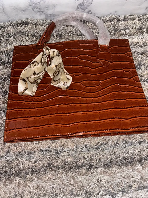Brown Croc Embossed Top Handle Handbag with Scarf - Image 7