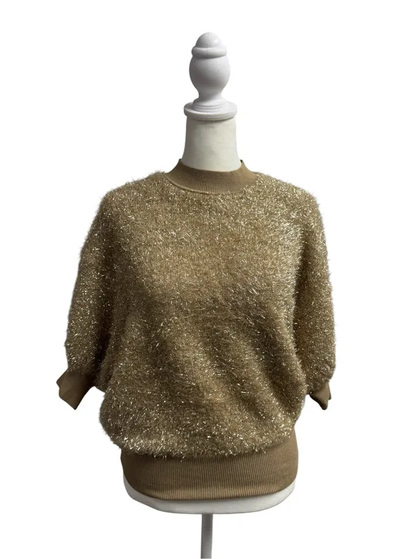 Maeve Violette Short-Sleeve Tinsel Pullover Sweater Metallic Gold Honey Small - Image 5