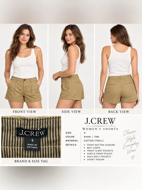 J.Crew Pleated Heritage Chino Shorts Women’s 8 Khaki 3” Inseam Stretch NWT - Image 2