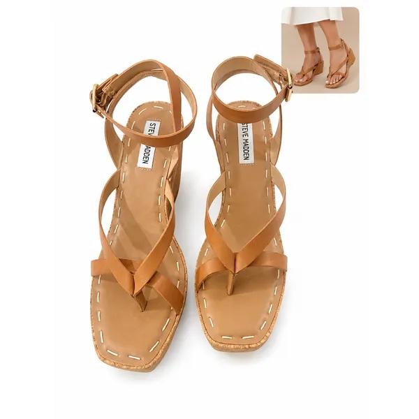 Steve Madden Sandals Womens Size 10 Tan Cork Wedge Thong Ankle Strap cute preppy - Image 2