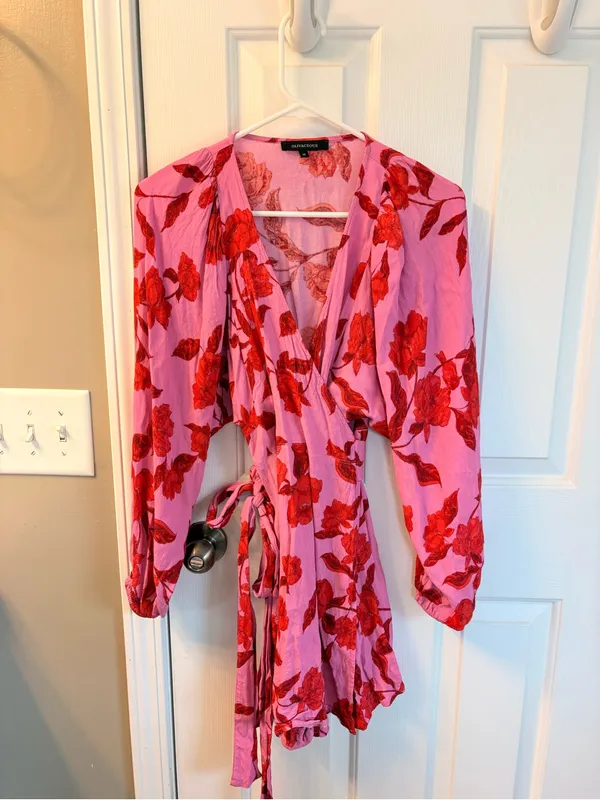 Olivaceous Pink Wrap Dress with Red Floral Print - Image 3