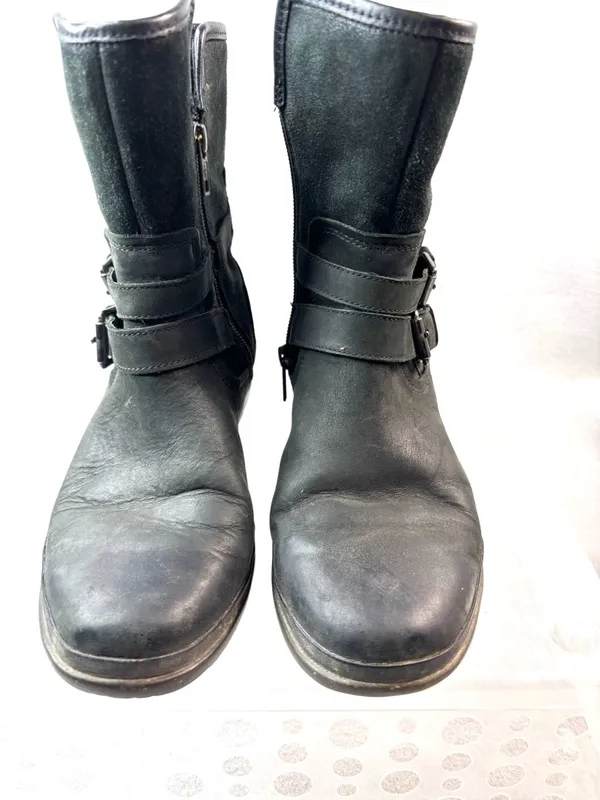 UGG 8 Moto Biker Black Genuine Leather Mid-Calf Combat Boots with Buckle Straps - Image 3