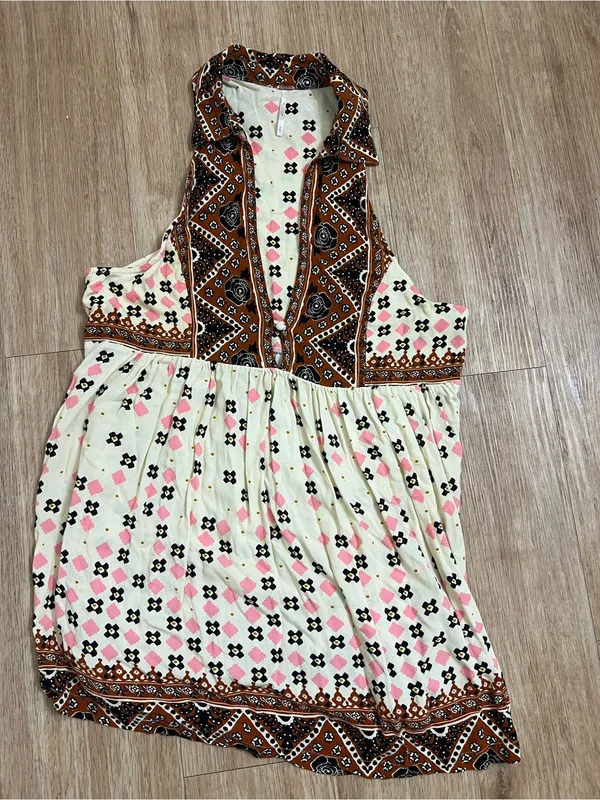 Free People Cream & Rust Patterned V-Neck Halter Tunic - Image 3