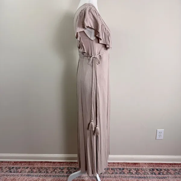 Baltic Born Jennifer Deep V Maxi Dress Small Taupe Crochet Flutter Sleeve Boho L - Image 3