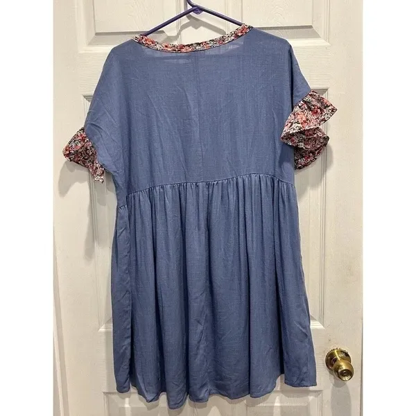 NWT Umgee USA Blue Floral Trim V Neck Button Front Babydoll Dress Size L Boho‎ - Image 9
