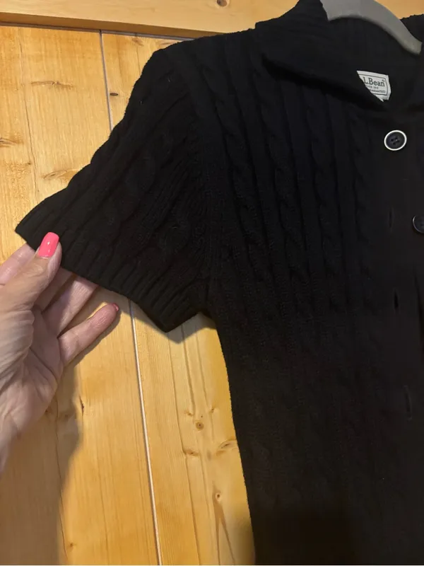 L.L. Bean Black Cable Knit Short Sleeve 100% Cotton Cardigan‎ Sweater Small - Image 3