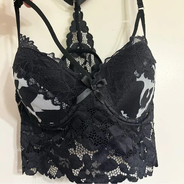Women's Lingerie Set Black & White Patterned‎ Lace Top Sheer Bottoms Size Large - Image 3