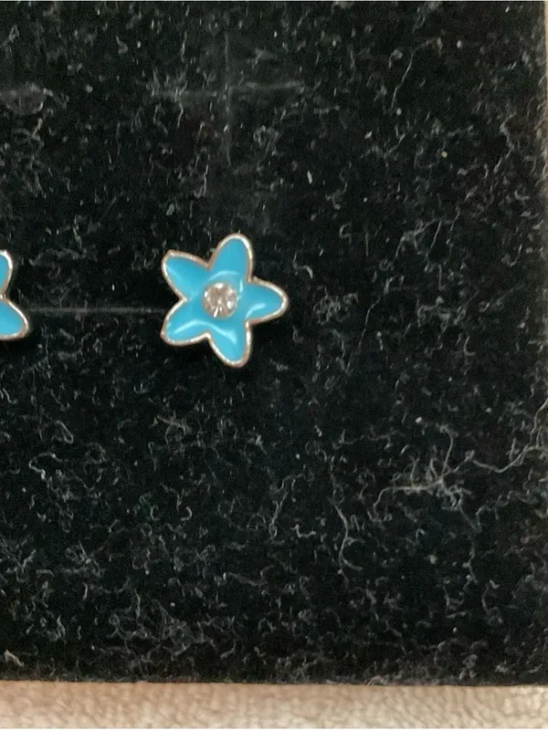 Blue Flower Stud Earrings - Small Floral Crystal Centers - Image 3