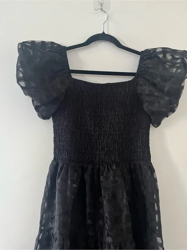 Prettygarden Black Smocked Puff Sleeve Midi Dress Medium Romantic Evening - Image 2