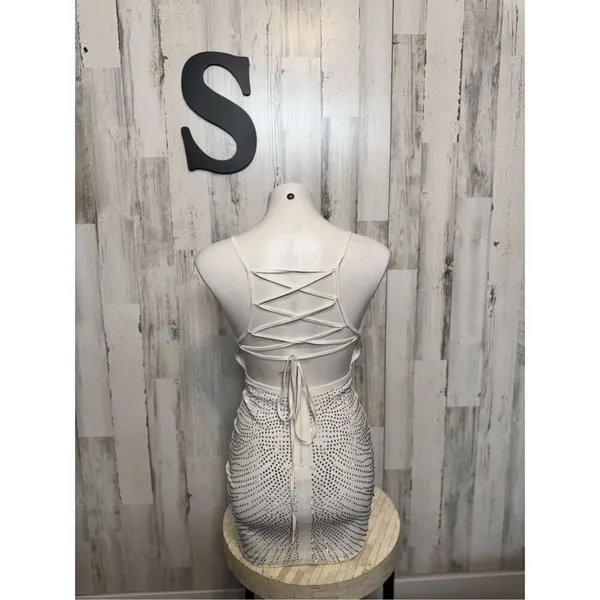 AKIRA White Rhinestone Studded Mini Dress Womens Size Small S Lace Up Open Back - Image 8