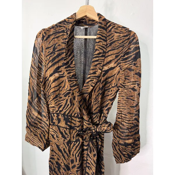Ganni Wrap Dress Brown Tiger Print Long Sleeve High Low Maxi 38 - Image 3