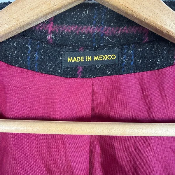 Vintage Plaid Maxi Coat Wool Blend Mock Neck Pink Blue Gray Womens Large‎ Mexico - Image 9