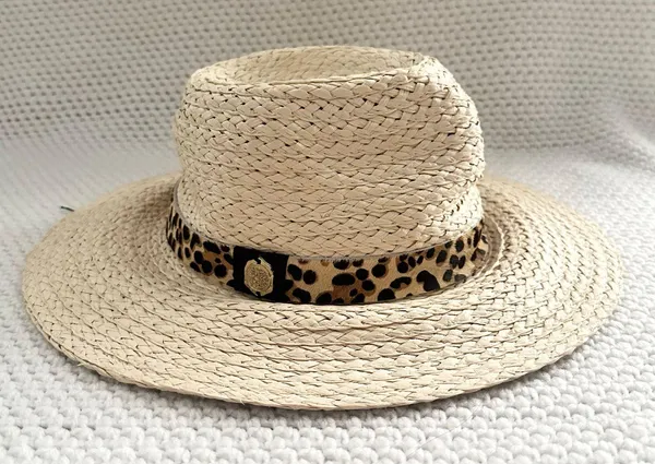 Vince Camuto Beige Straw Leopard Pony Hair Band Summer Hat Floppy Panama OS - Image 2