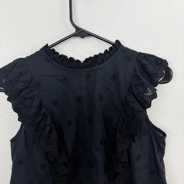Boden Top Womens Size 6 Black Eyelet Ruffle Trim Embroidered Cotton Blouse - Image 2