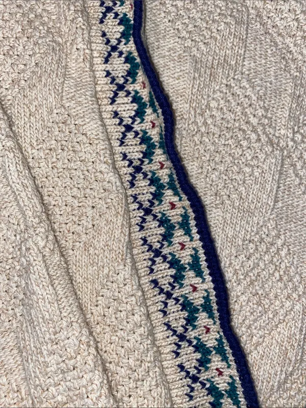 Puritan Cotton Cream Cable Cardigan with Blue Trim and Teal Accents Oversized - Image 5