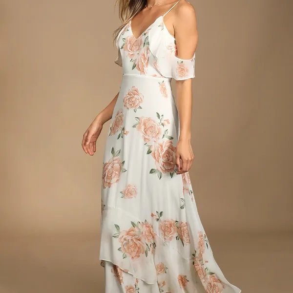 Lulus Take You There Floral Maxi Dress M NWT Ivory Off Shoulder Wedding Guest - Image 2