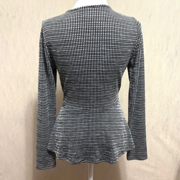 Caution To The Wind Wrap Top Black White Grid Peplum Casual Work Stretch Large - Image 3