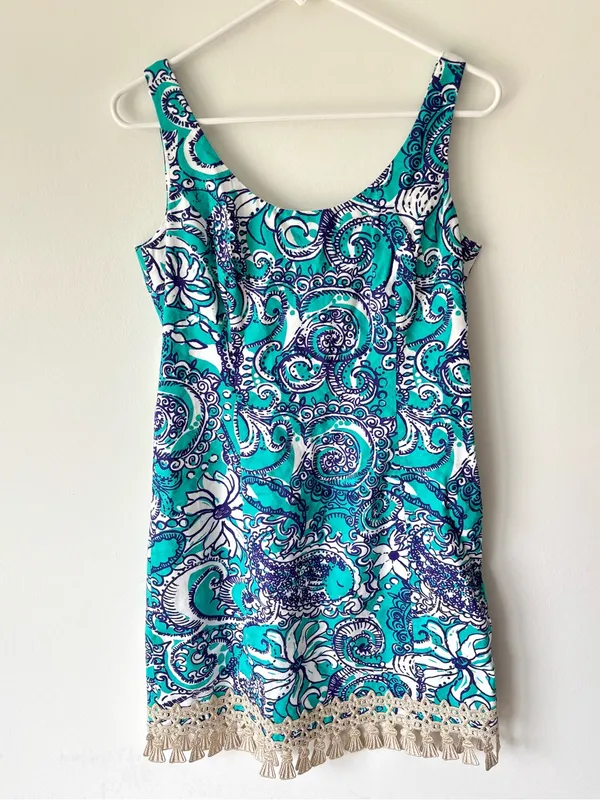 Lilly Pulitzer Eaton Mini Shift Dress Montauk Seafoam Paisley Gold Tassel Hem - Image 2