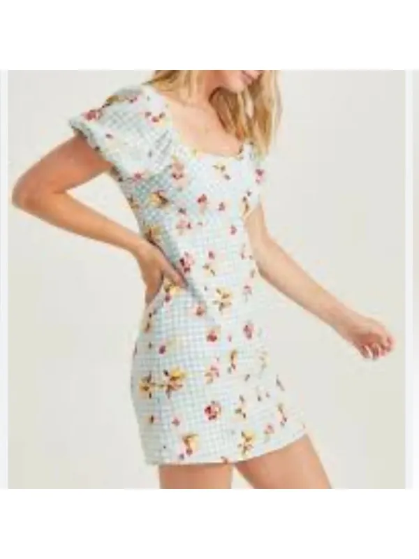 Altard State‎ Aldrin Dress Size L Sage Green Gingham Fruit Puff Mini Coquette - Image 2