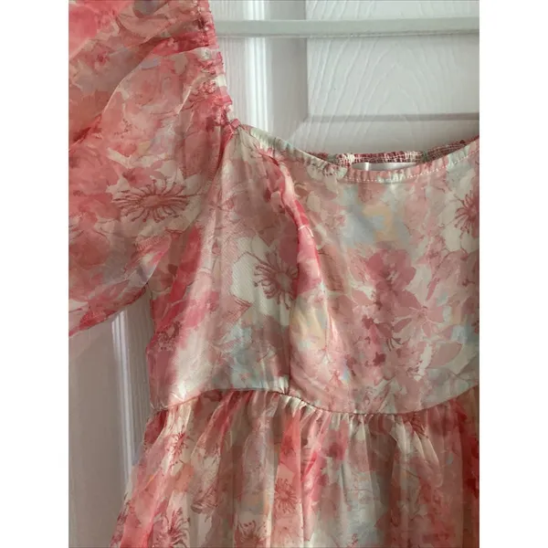 Audrey Parks Francesca's‎ Floral Puff Sleeve Babydoll Dress Womens Size M Pink - Image 3