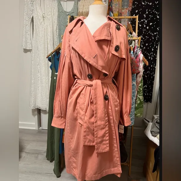 Free People Peach Trench Coat Fall Oversized Balloon‎ Sleeve Coquette Bohemian - Image 2