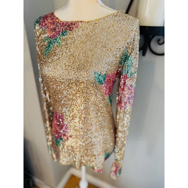 Free People Gold Rush Floral Sequin Top, Champagne/Pink,‎ Medium, NWOT - Image 6