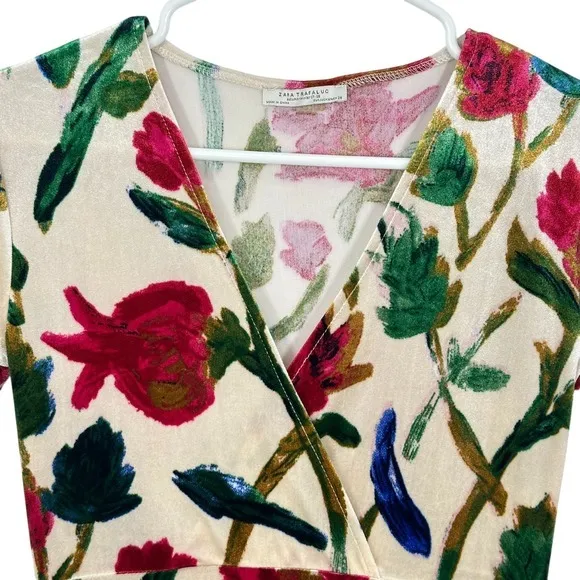 Zara‎ Trafaluc Floral Velvet V-Neck Midi Dress Cream Red Green Pinup Retro - Image 3