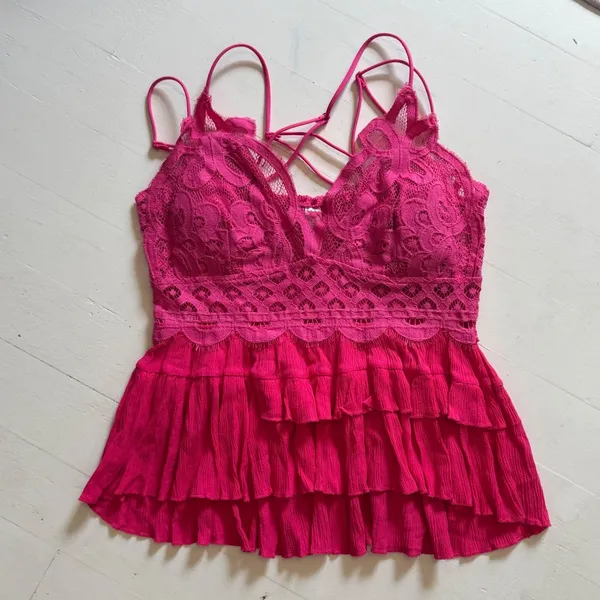 Zenana Hot Pink Lace Ruffle Peplum Cami Top Smocked Back Large Festival Rave Clubwear L - Image 5