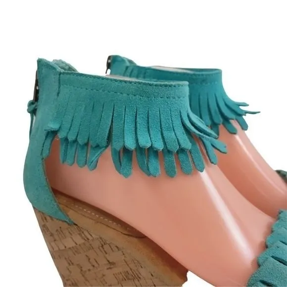 Minnetonka‎ Aqua suede fringe Nicki wedge sandals - Image 7
