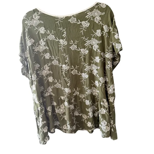 Olive Green Floral Embroidered Peplum Babydoll Top‎ Short Sleeve Boho Peasant - Image 4