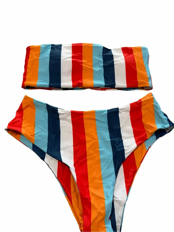 Women's Striped Two Piece Bandaeu Top Bikini Size Medium #260171 - Image 2