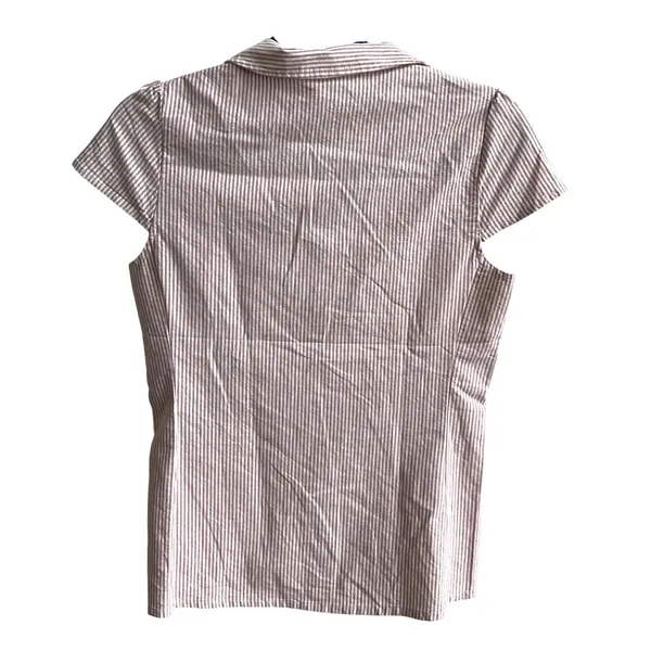 John Galt Button Up Shirt Wmn OS Beige White‎ Pinstripe Preppy Cotton Cap Sleeve - Image 5