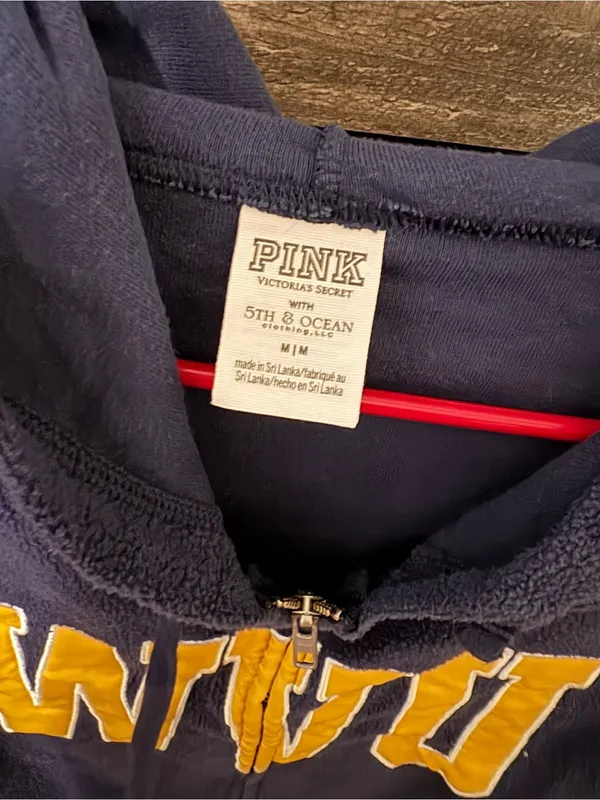PINK Victoria's Secret Navy Zip-Up Hoodie with Yellow WVU Logo - Image 5