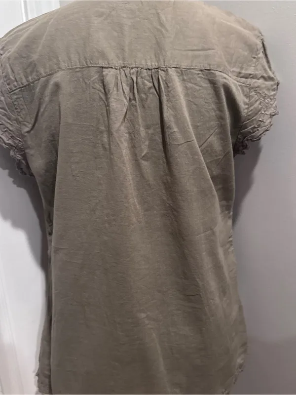 Converse One Star Khaki Cotton Lace Trim Peasant Blouse Top Large Boho Cottage - Image 5
