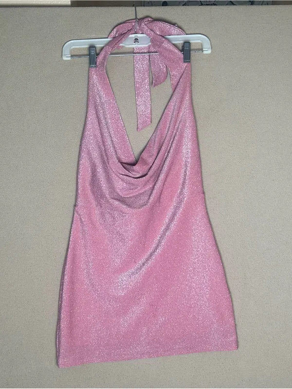 Y2K Sparkle Halter Mini Dress in Pink. Bodycon clubwear. Size Small. - Image 2