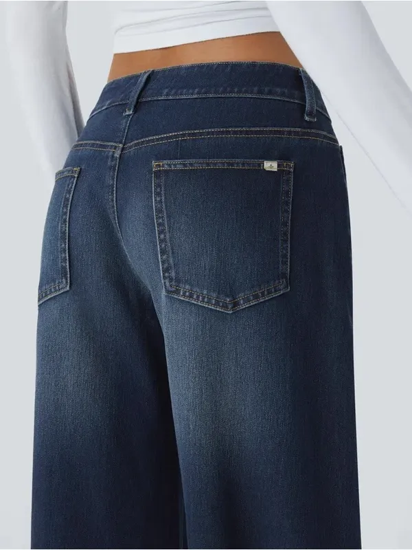 Halara Flex Asymmetric Low Rise Zipper Pockets Baggy Wide Leg Washed Casual Jea - Image 4