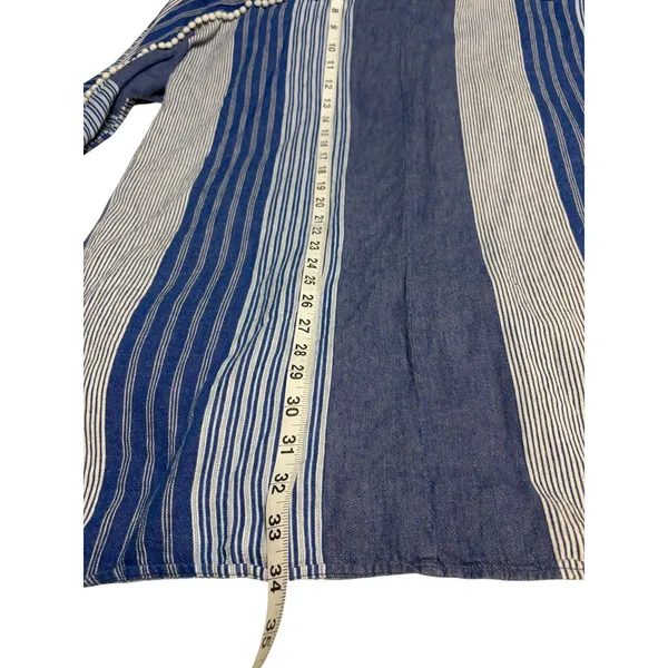 NIC+ZOE Linen Blend Striped Tunic Top Mini Dress Large Blue White Pom Trim - Image 10
