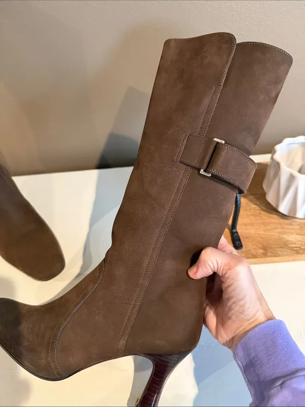 CROSS STAGE Chocolate Brown Suede Knee Boots Classic Heeled Adjustable Calf 7 - Image 5