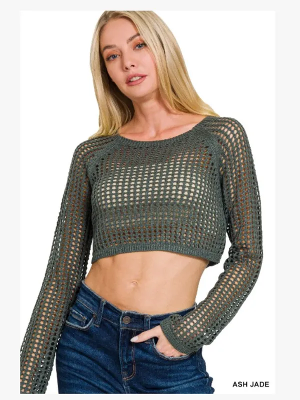 Zenana Ash Jade Crochet Open Knit Cropped Sweater Top Long Sleeve Boho Sheer - Image 2