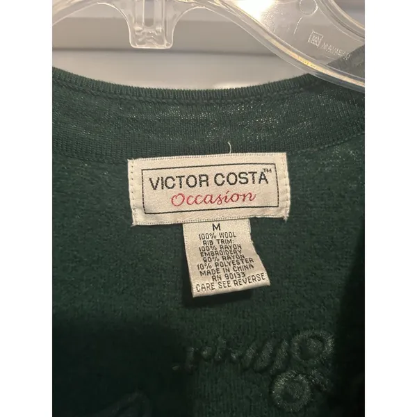 Women's Open Knit Long Cardigan Sweater Embroidered Size Medium Dark Green Wool - Image 3